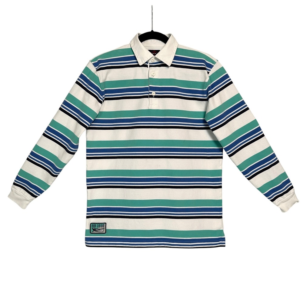 Brooks Brothers Rugby Polo Shirt L Cotton Striped White Blue Teal Long Sleeve